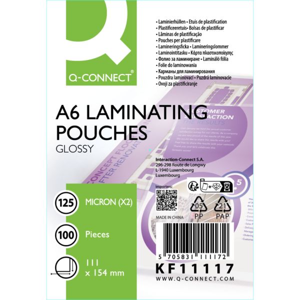 Pouches per plastificatrici Q-Connect 111x154 mm lucide A6 conf. 100 pz 125 micron - KF11117