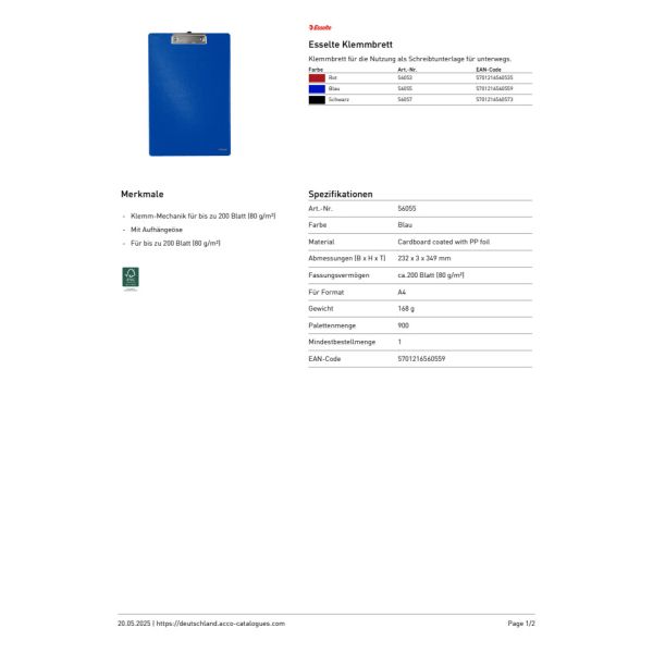 Portablocco con clip Esselte Standard cartoncino/polipropilene blu 56055