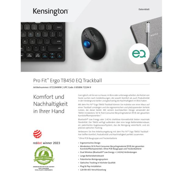 Trackball Kensington Pro Fit® Ergo TB450 non ricaricabile K72194WW