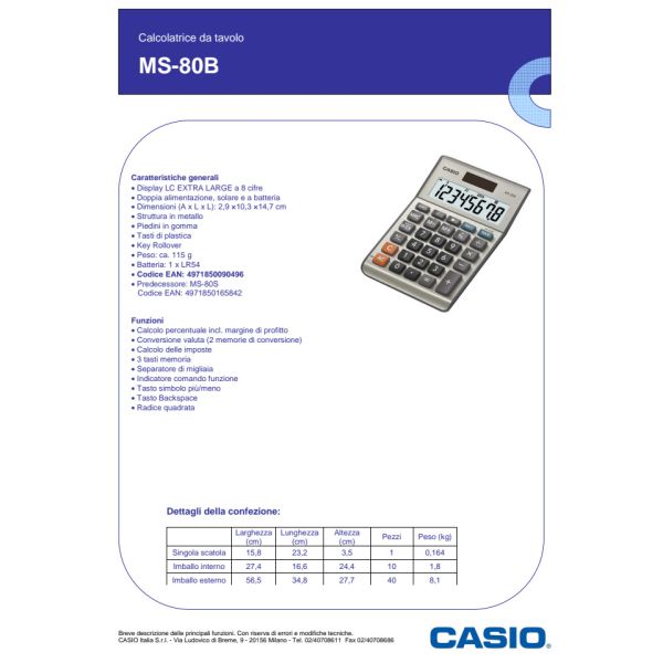 Calcolatrice da tavolo MS80B Casio 8 cifre - MS-80F-WA-EP