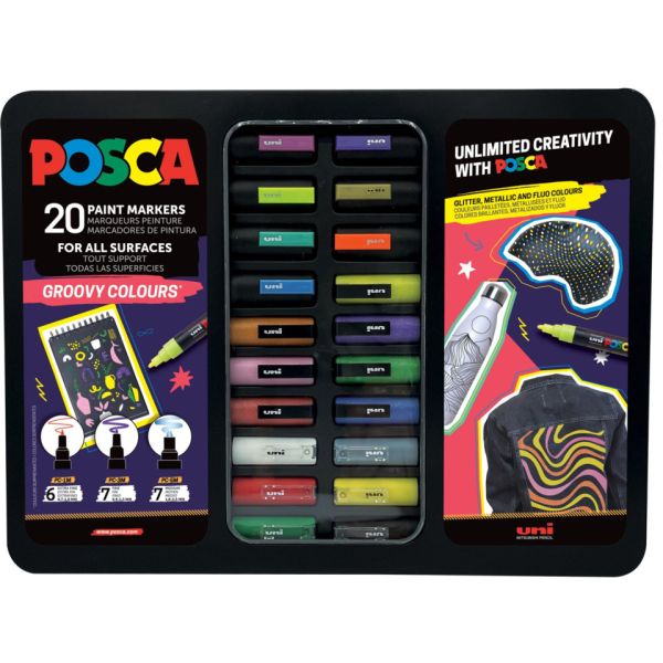 Valigetta in metallo Posca Groovy Colours da 20 marcatori a tempera - colori assortiti - M GROOVY 20P